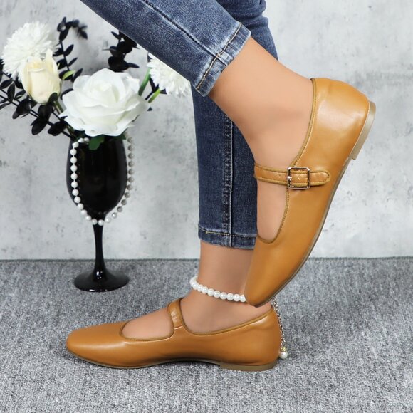 Camel Cushioned Insole Classic Mary Jane Ballet Flat Adjustable Ankle Strap - Picture 3 of 11